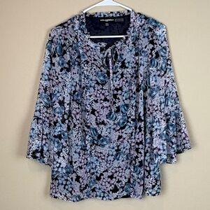 Karl Lagerfeld Paris Black with Pink/Blue Floral Design Ruffle Blouse; Size M